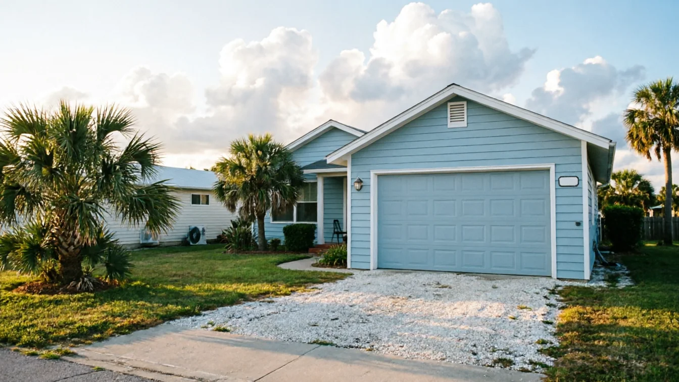 A light blue house has a matching garage door and a white gravel driveway.